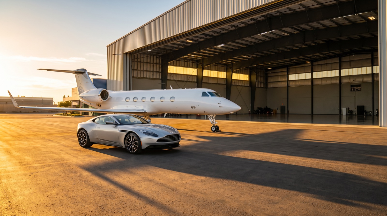 Luxury car on the apron beside a jet at golden hour