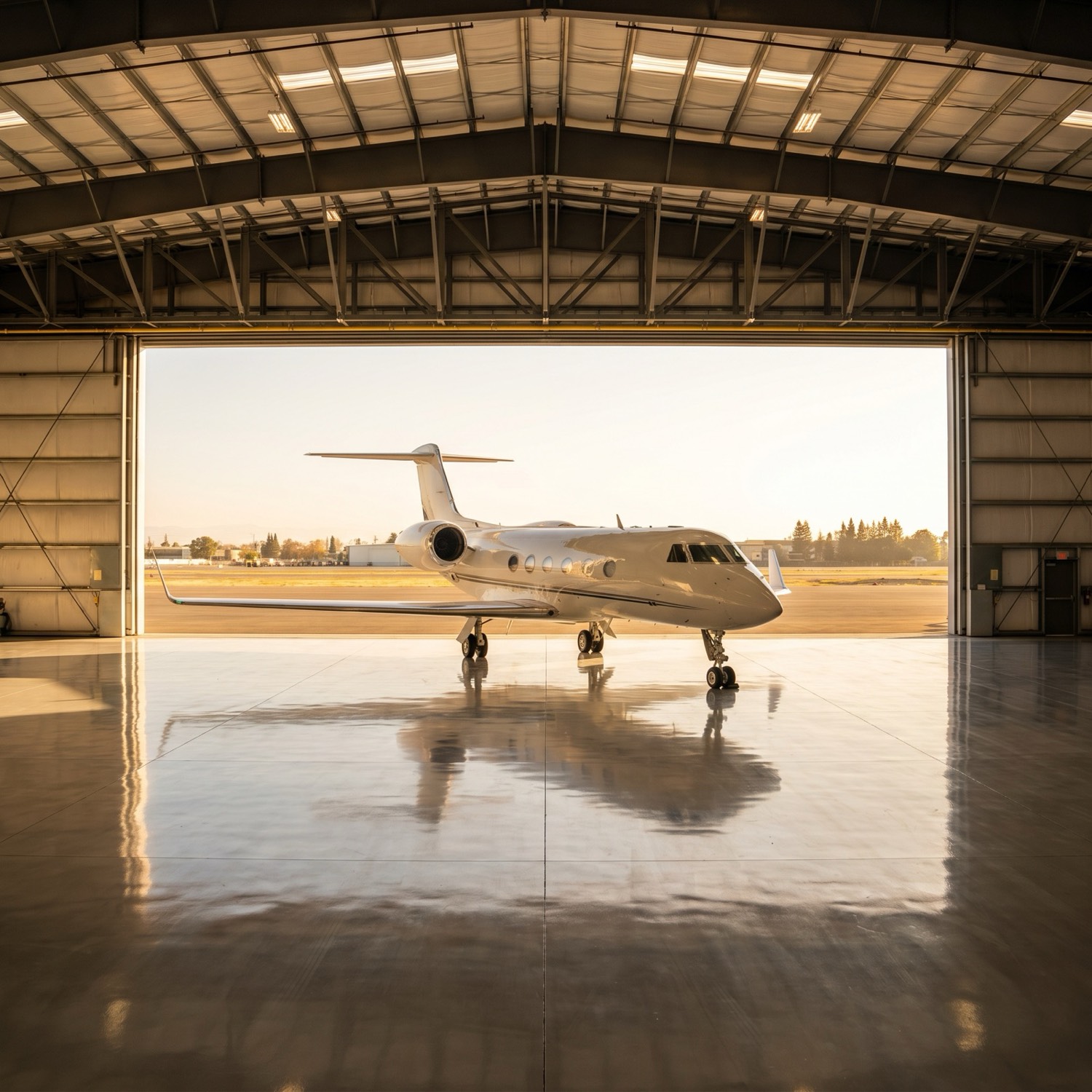 Private jet framed in the open hangar doors