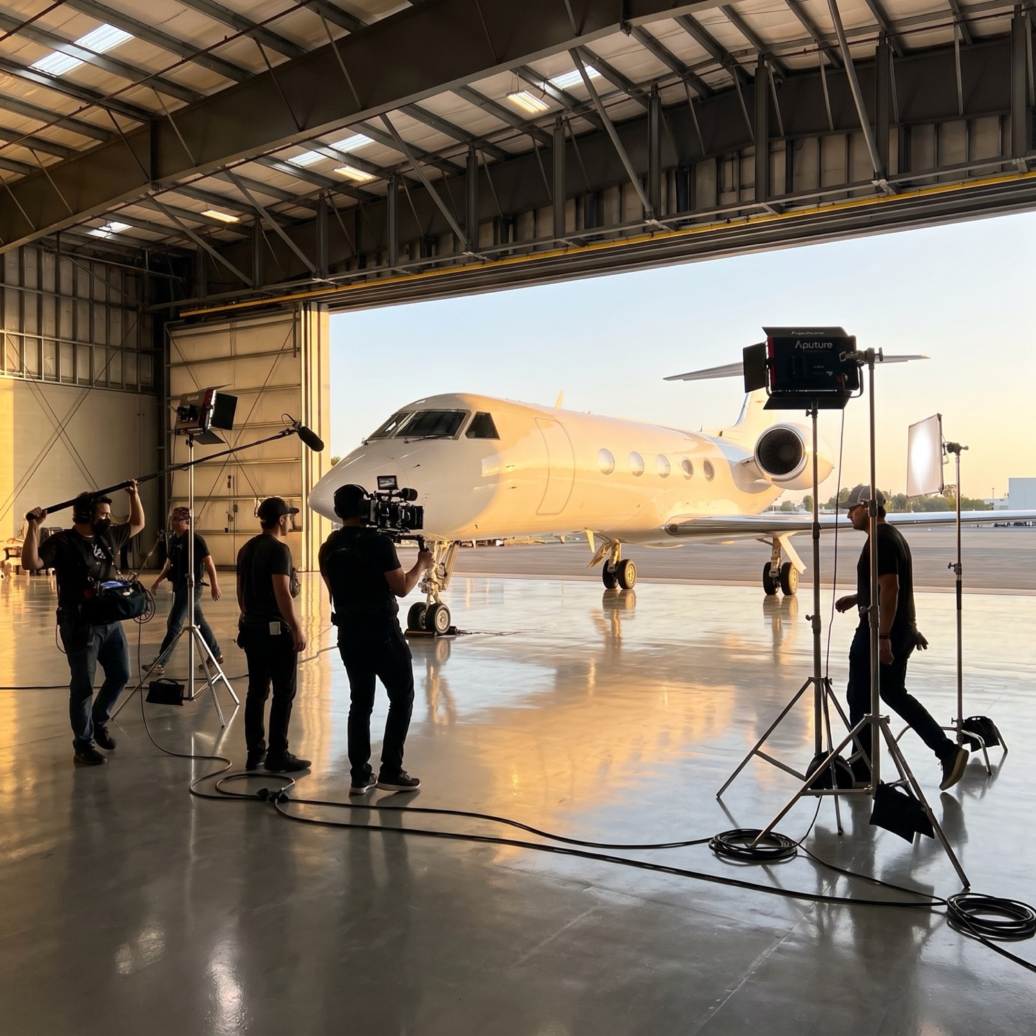 Film crew shooting in the hangar