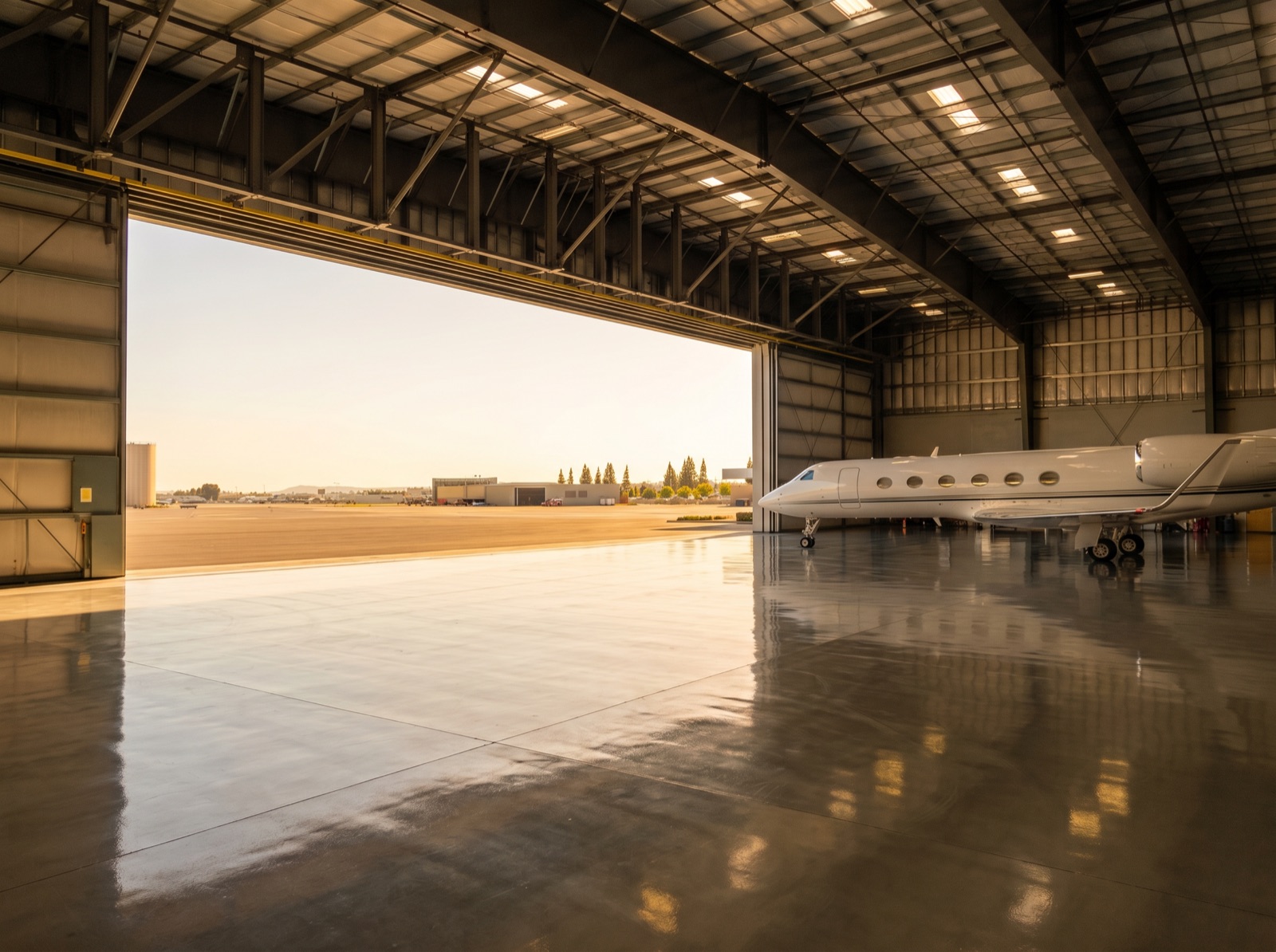 The Flyhouse Studios hangar interior at golden hour